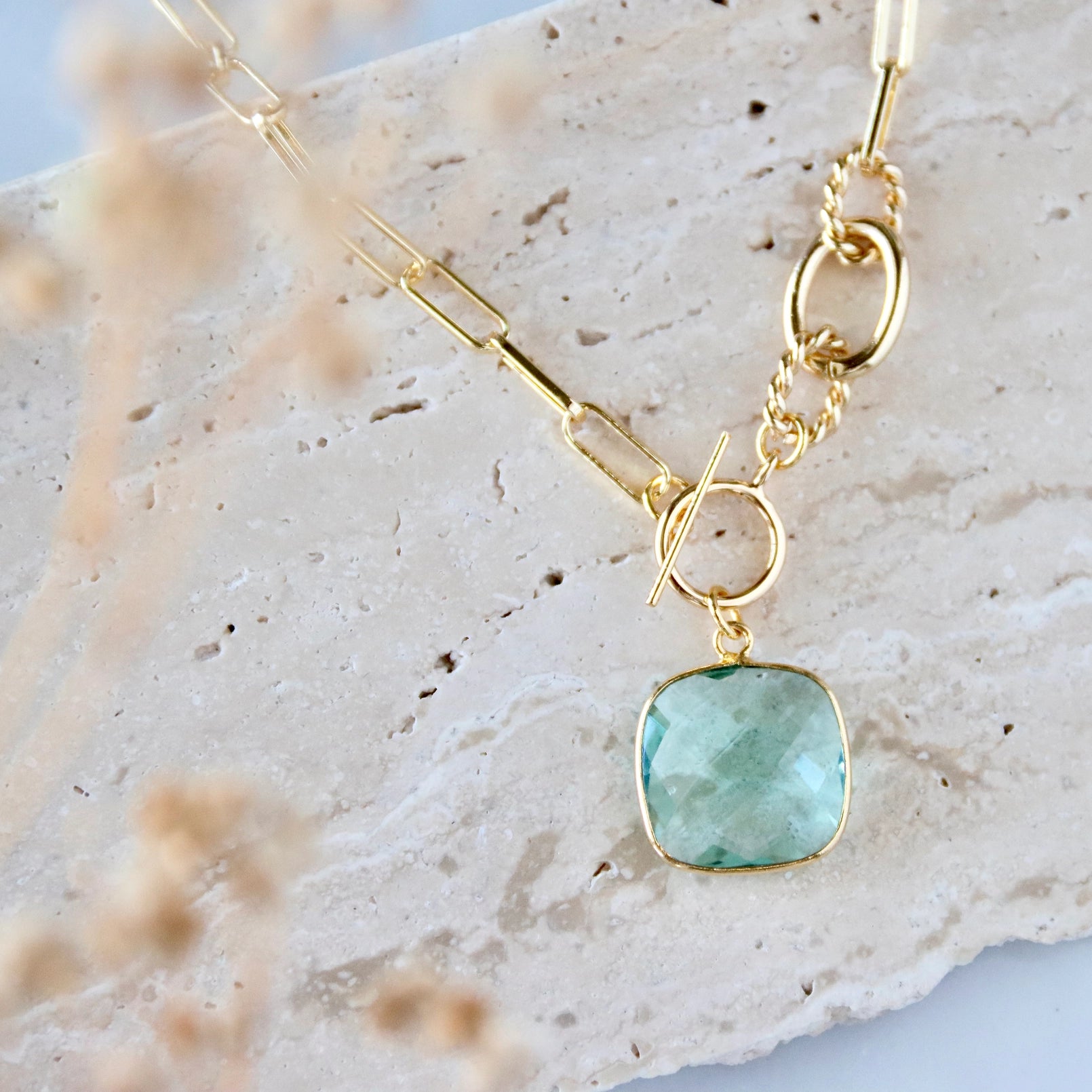 Aquamarine Quartz Cushion Toggle Necklace