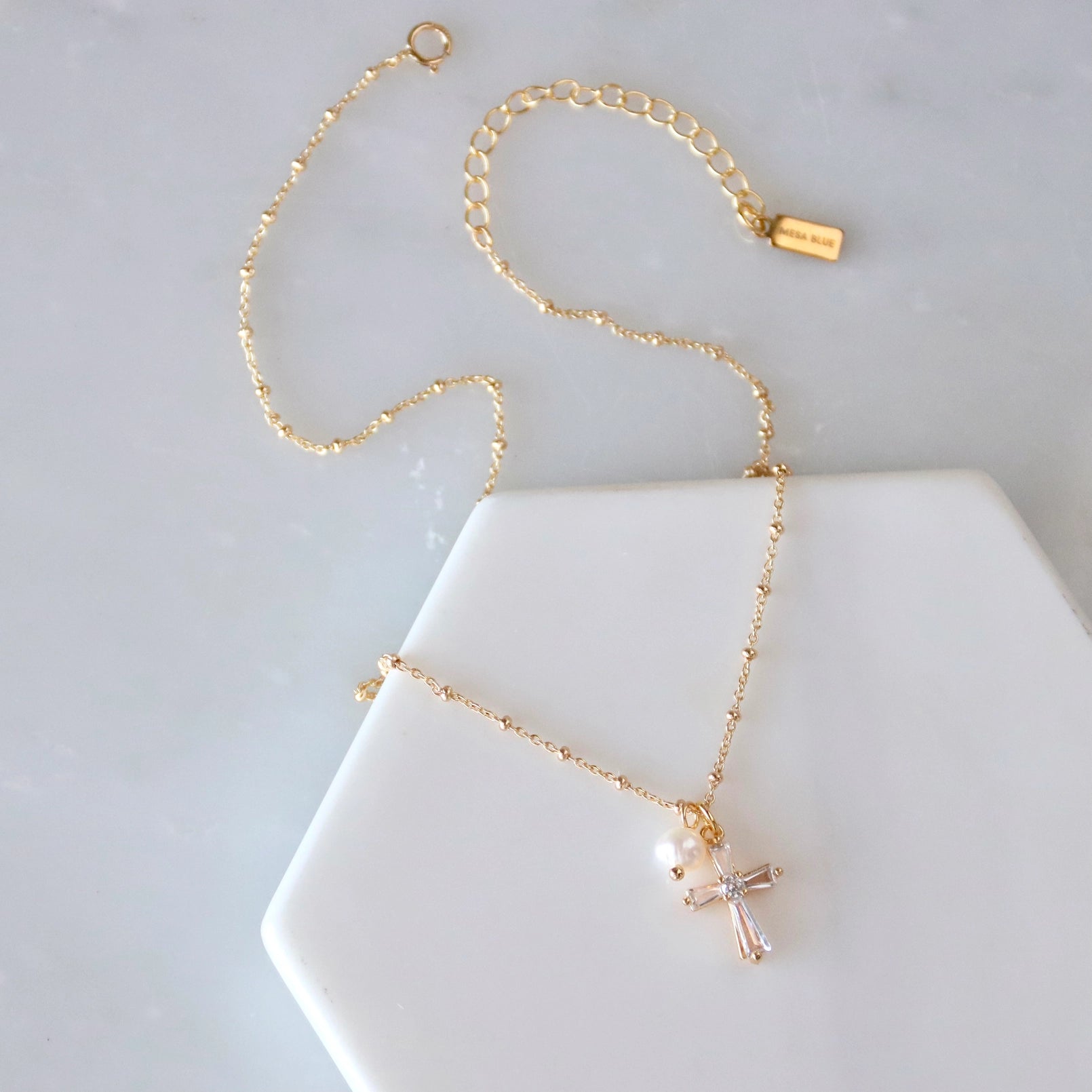 Pearl, CZ Cross Necklace