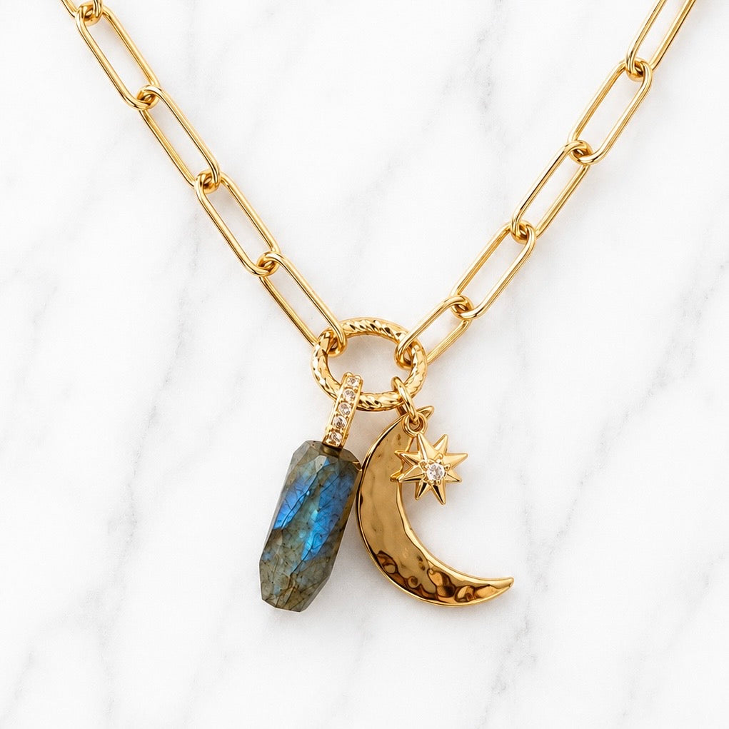 Labradorite Moon and Star Paperclip Necklace