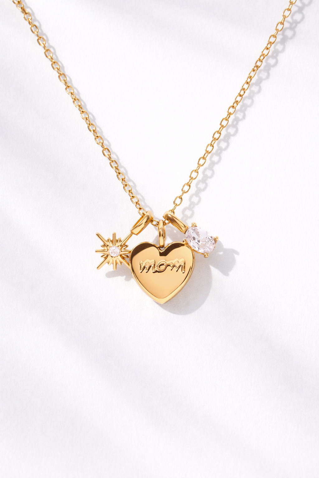 CZ Mom Heart Charm Necklace - Waterproof