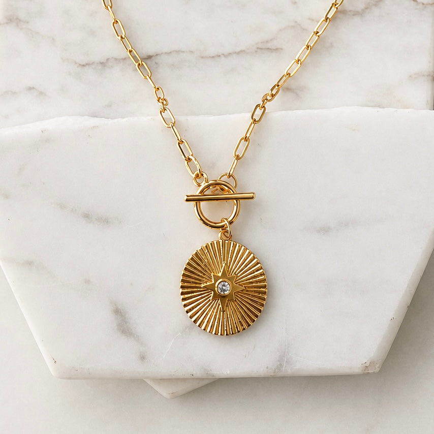 CZ Star Coin Paperclip Toggle Necklace