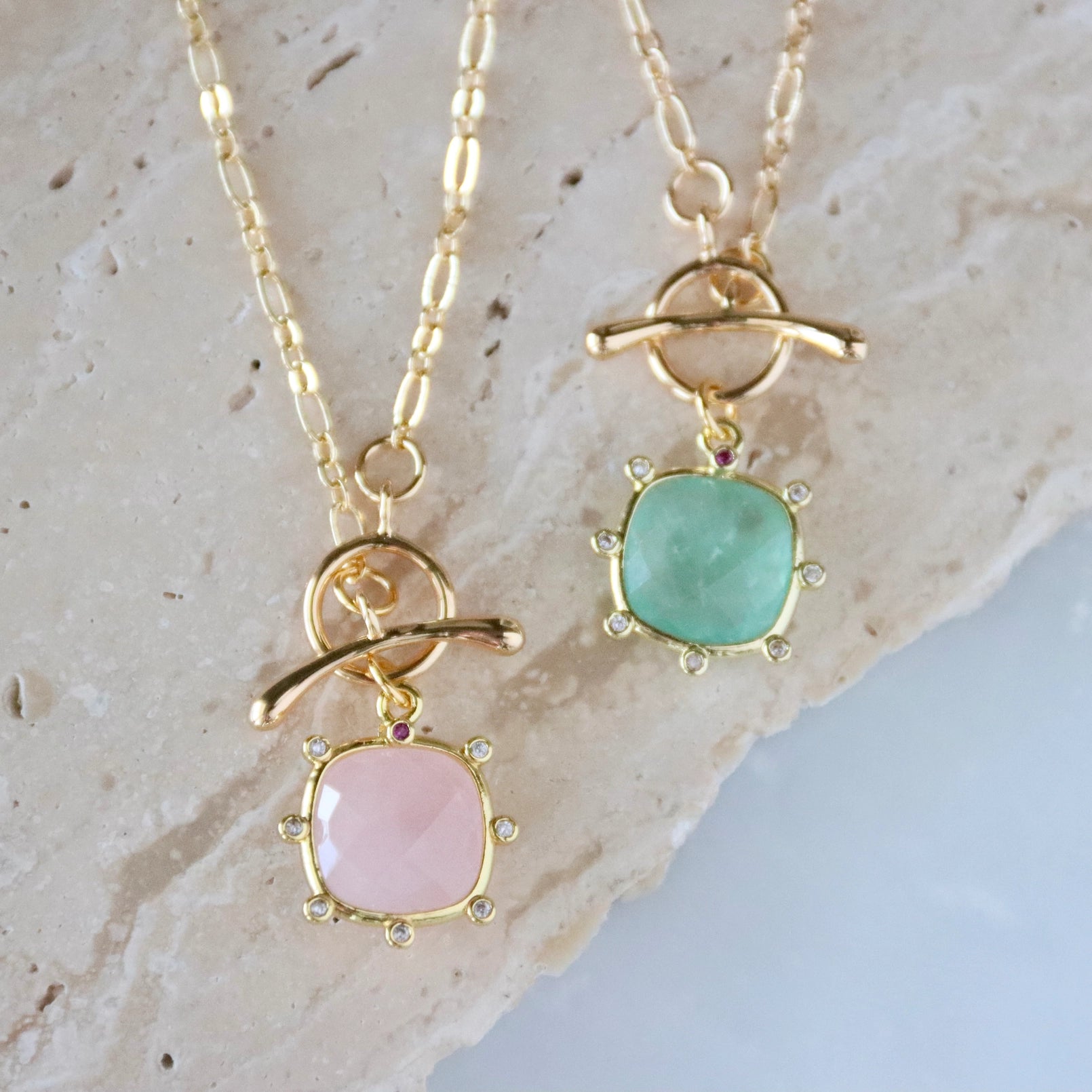 Green Fluorite, or Rose Quartz Toggle Necklace