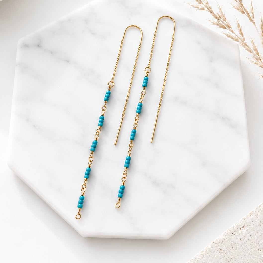 Seed Bead Turquoise Beaded Threader Earrings