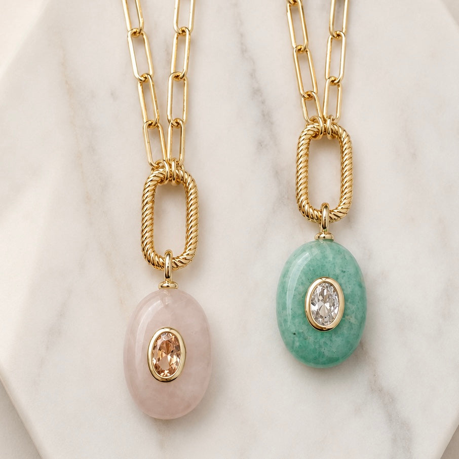 Stone Inlay Paperclip Necklace - Amazonite, Rose Quartz