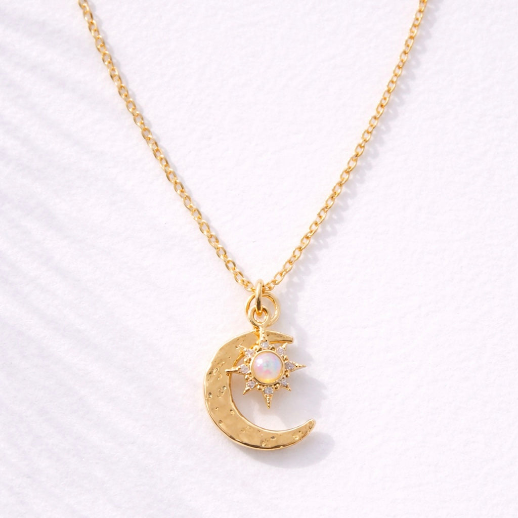 Hammered Moon and Opal Sun Necklace