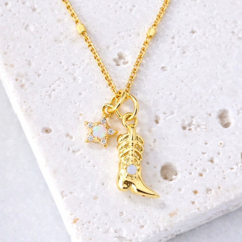 Mini Opal Cowboy Boot And Star Necklace