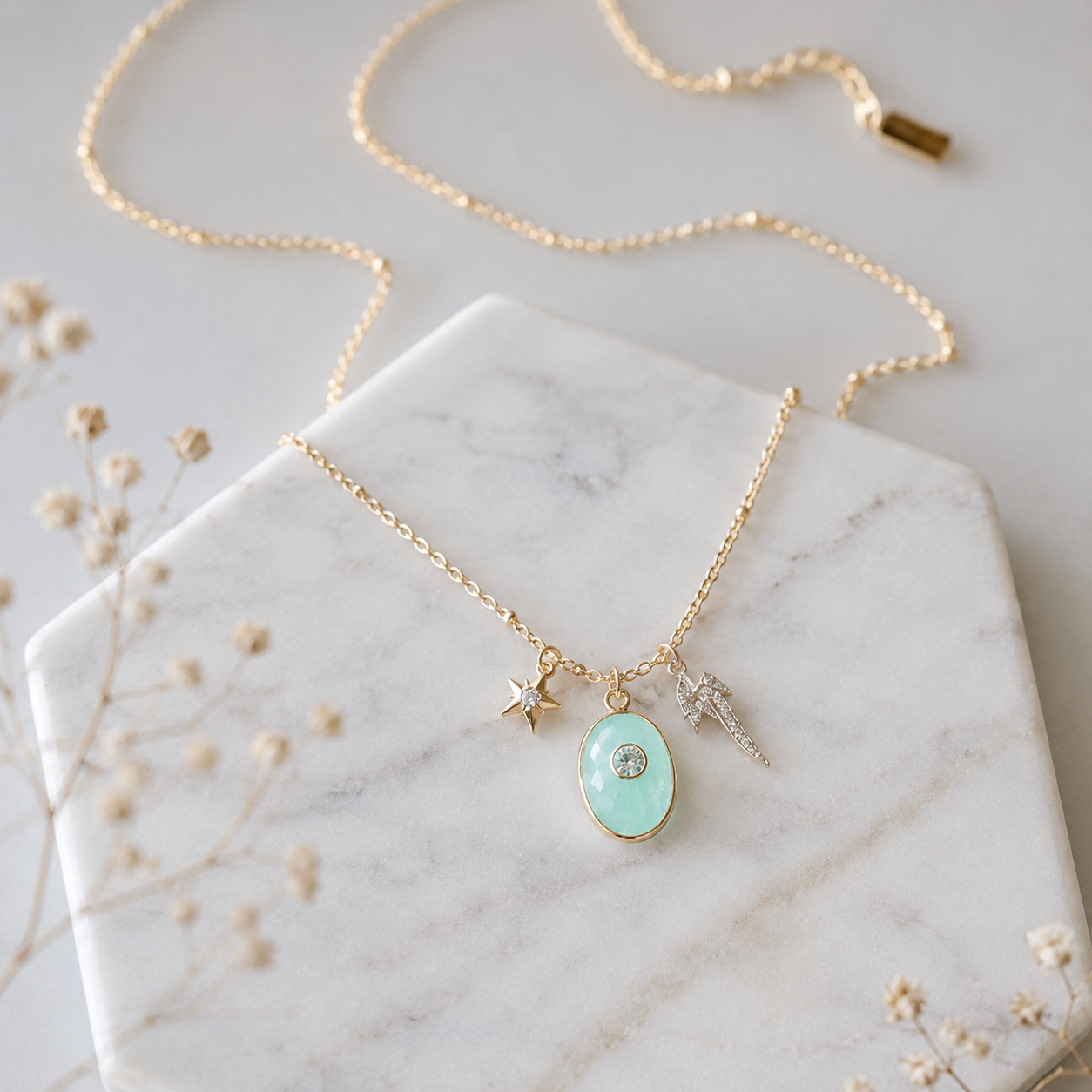 Aqua Chalcedony CZ Lightning Bolt Necklace