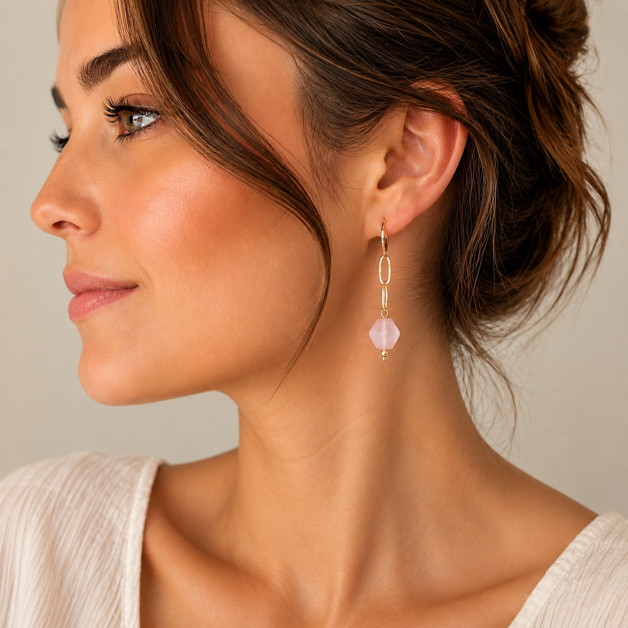 Rose Quart Drop Huggie Earrings