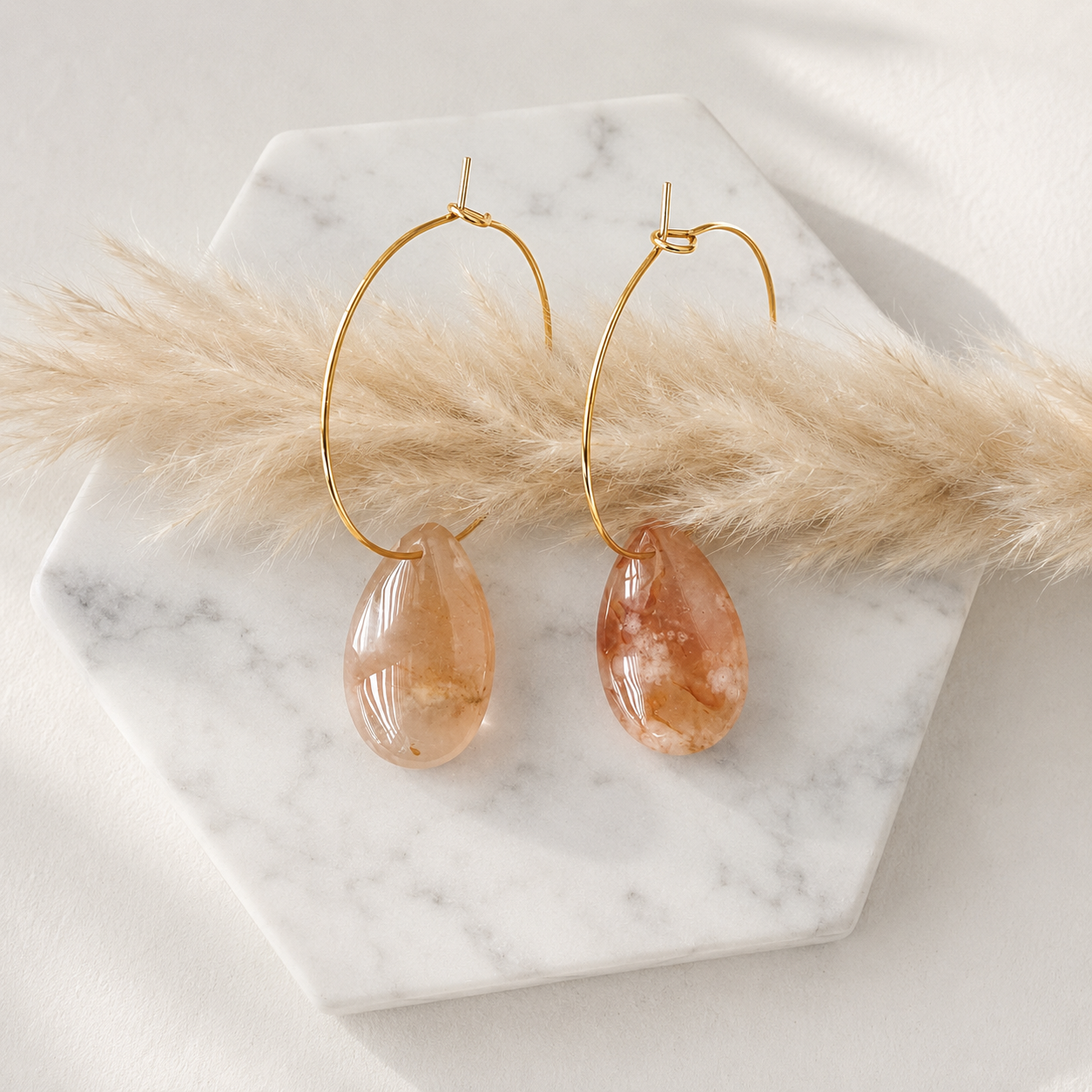 Teardrop Cherry Blossom Agate Hoop Earrings