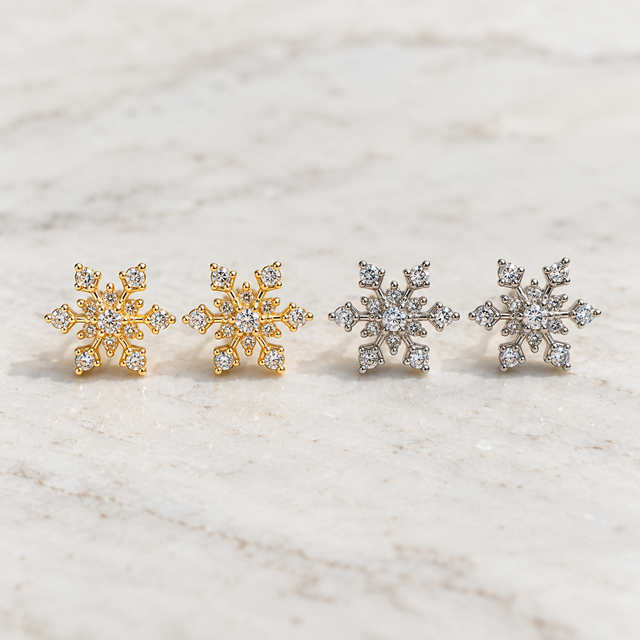 CZ Snowflake Stud Earrings - Gold and Silver