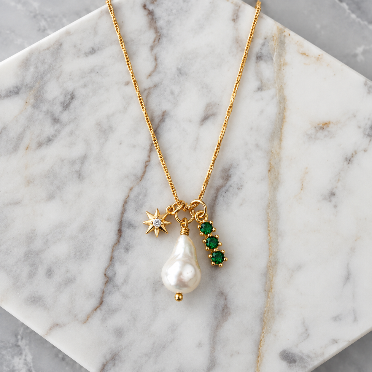 Pearl, CZ Emerald, Star Charm Necklace