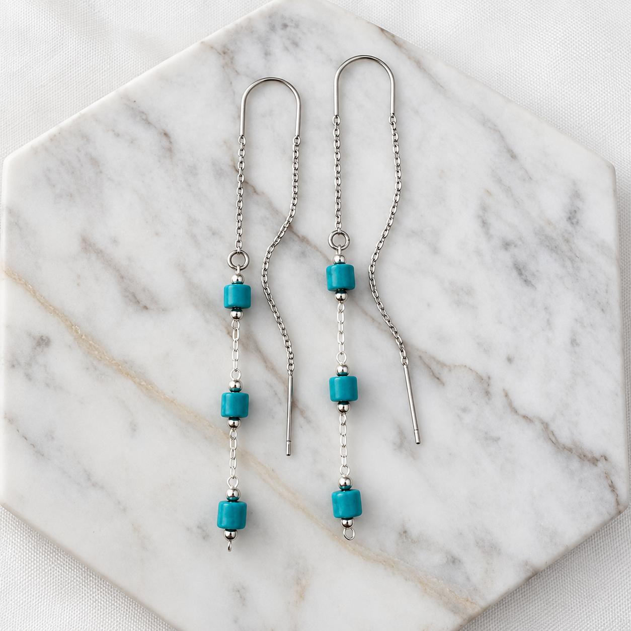 Turquoise Beaded Threader Earrings - Silver