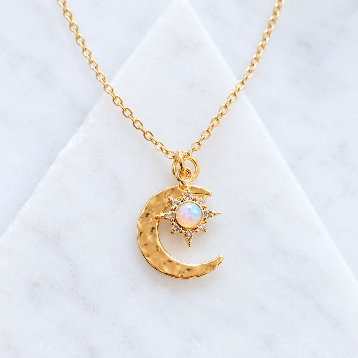 Hammered Moon and Opal Sun Necklace