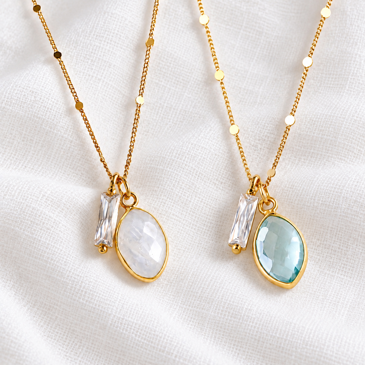Aquamarine Quartz, Moonstone, CZ Baguette Necklace