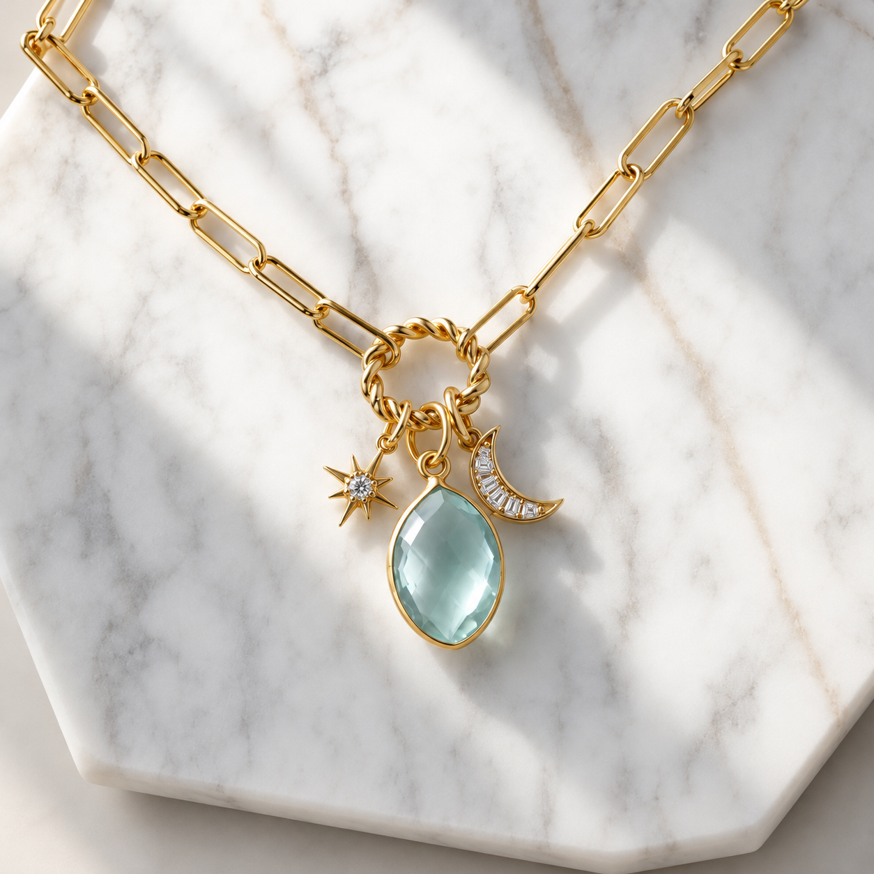 Aquamarine Quartz Moon and Star Necklace
