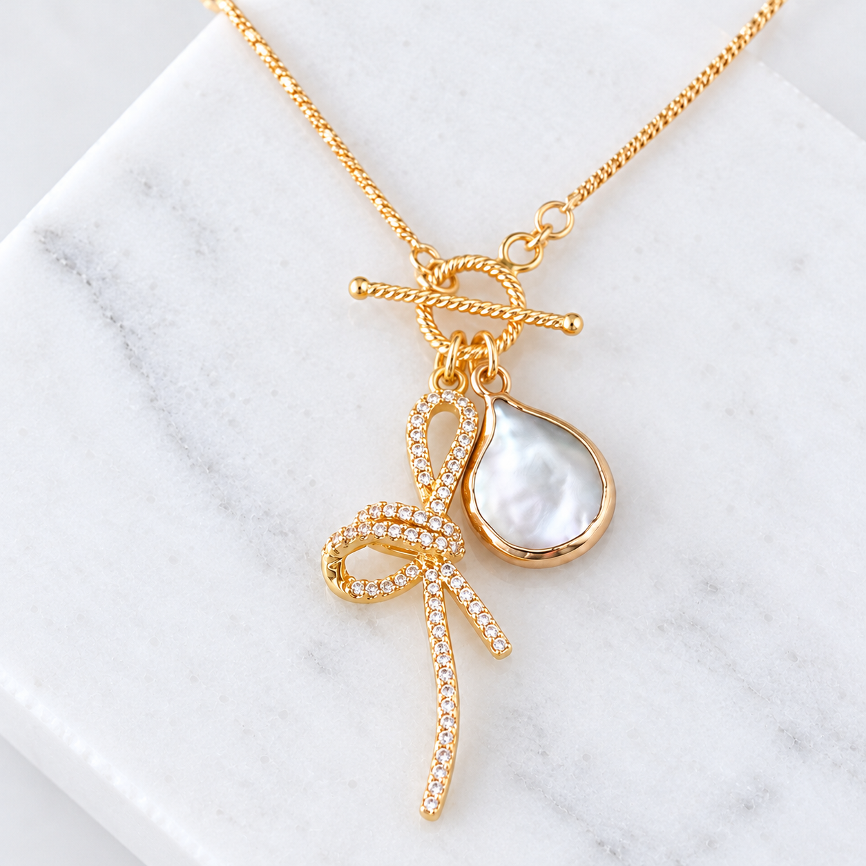CZ Bow Pearl Coin Necklace