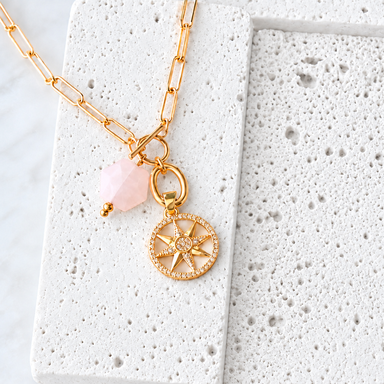 Rose Quartz Mother of Pearl Star Coin Necklace