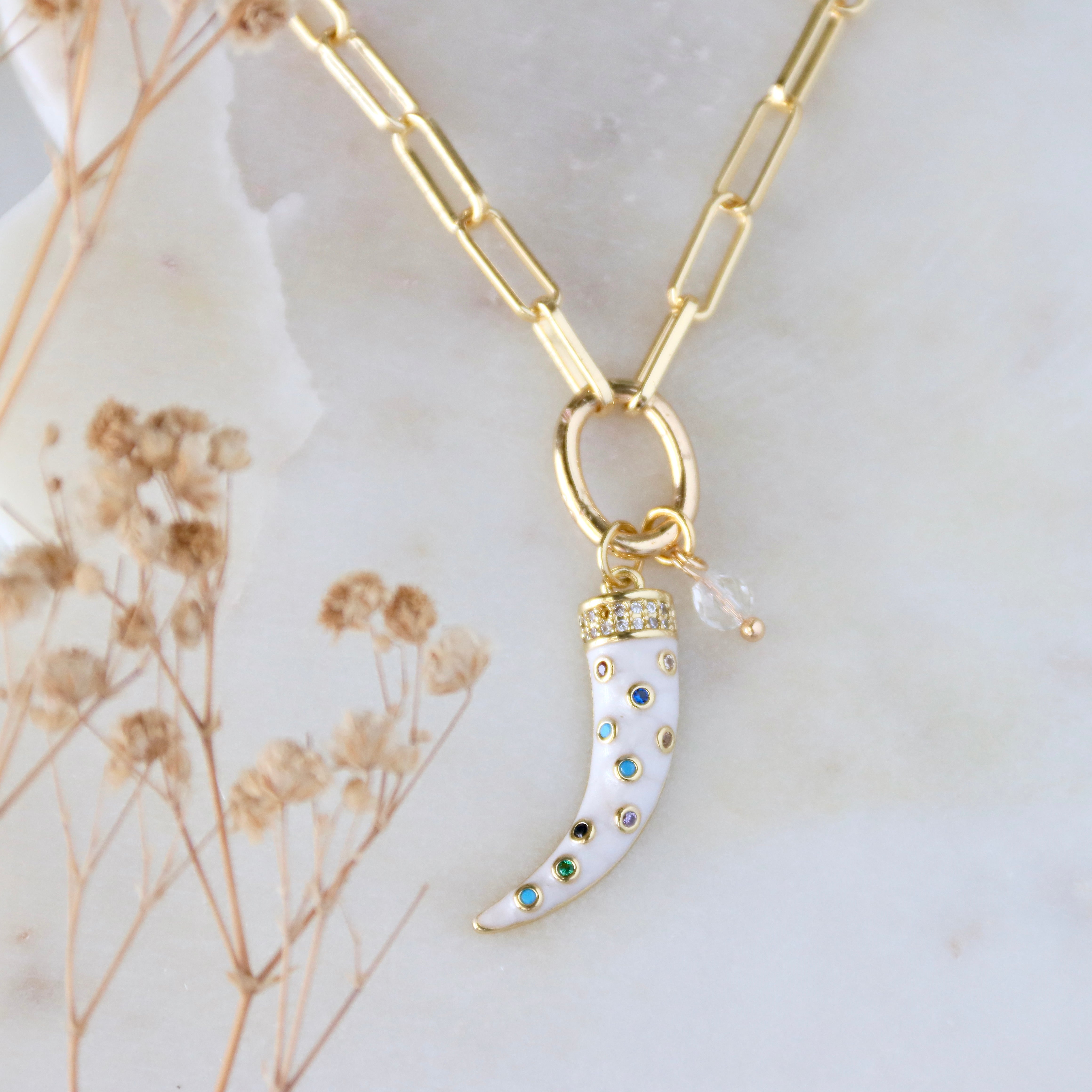 Colorful Zircon Horn Paperclip Necklace