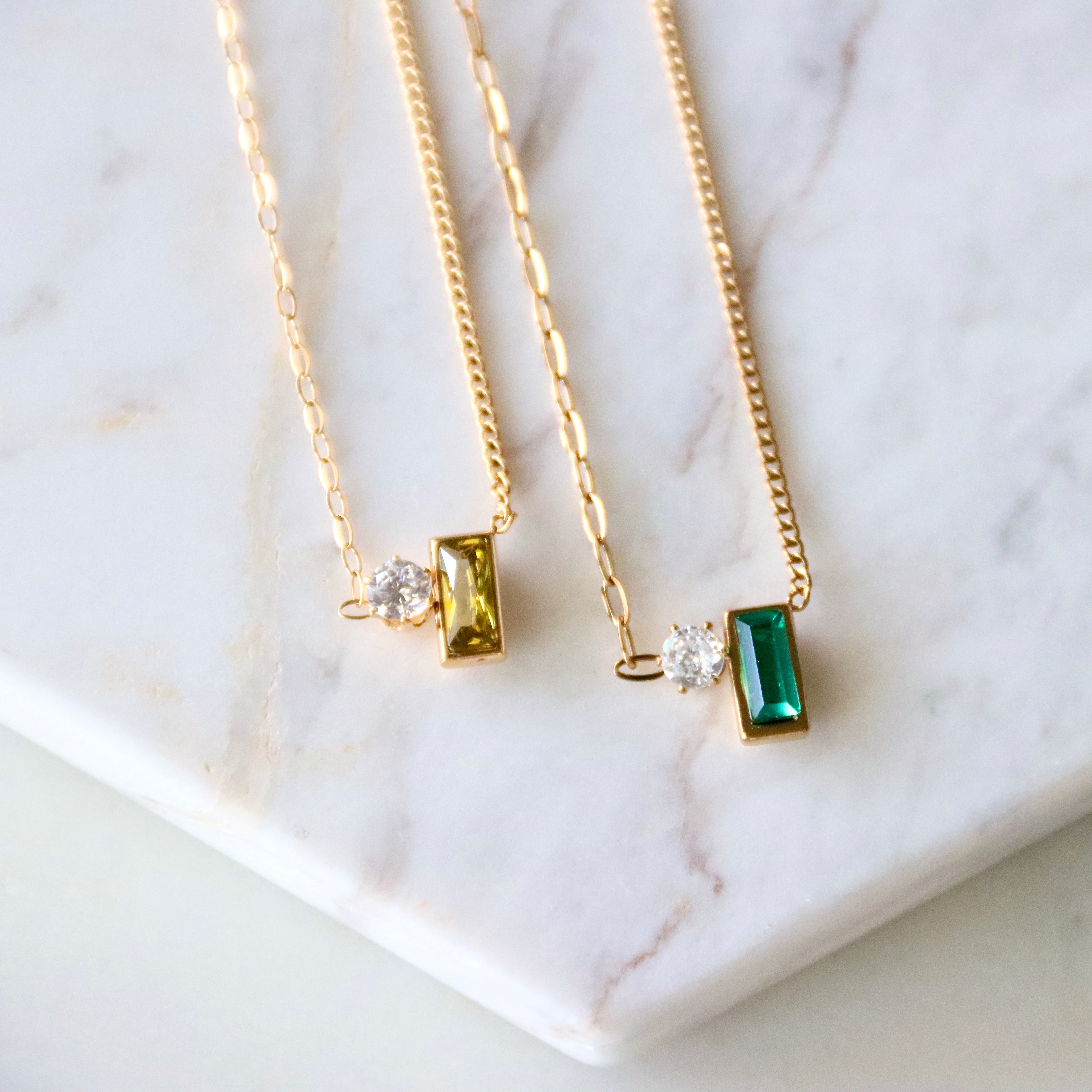 Olive, Emerald Zircon Geometric Necklace - Waterproof