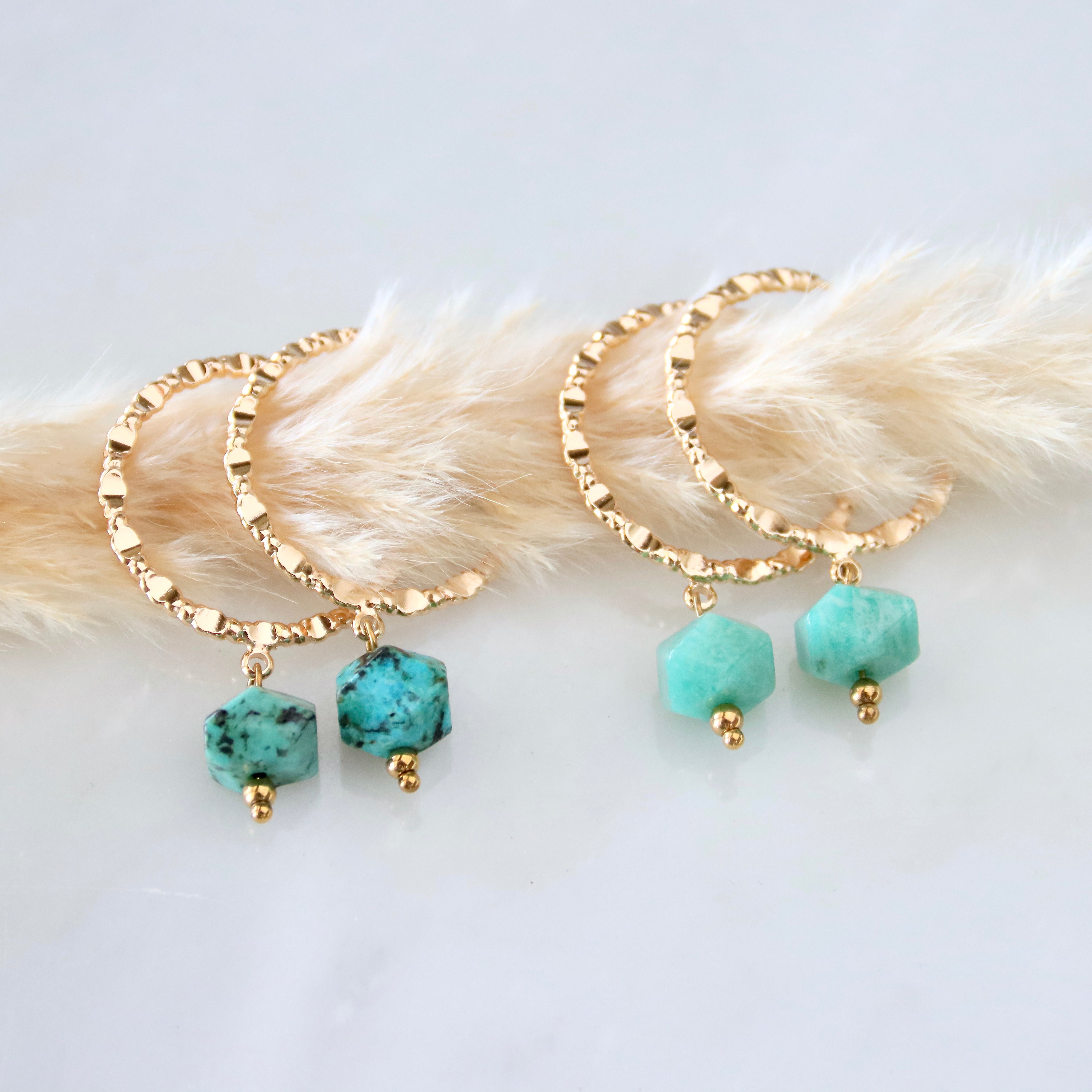 Amazonite or Turquoise Textured Hoop Earrings
