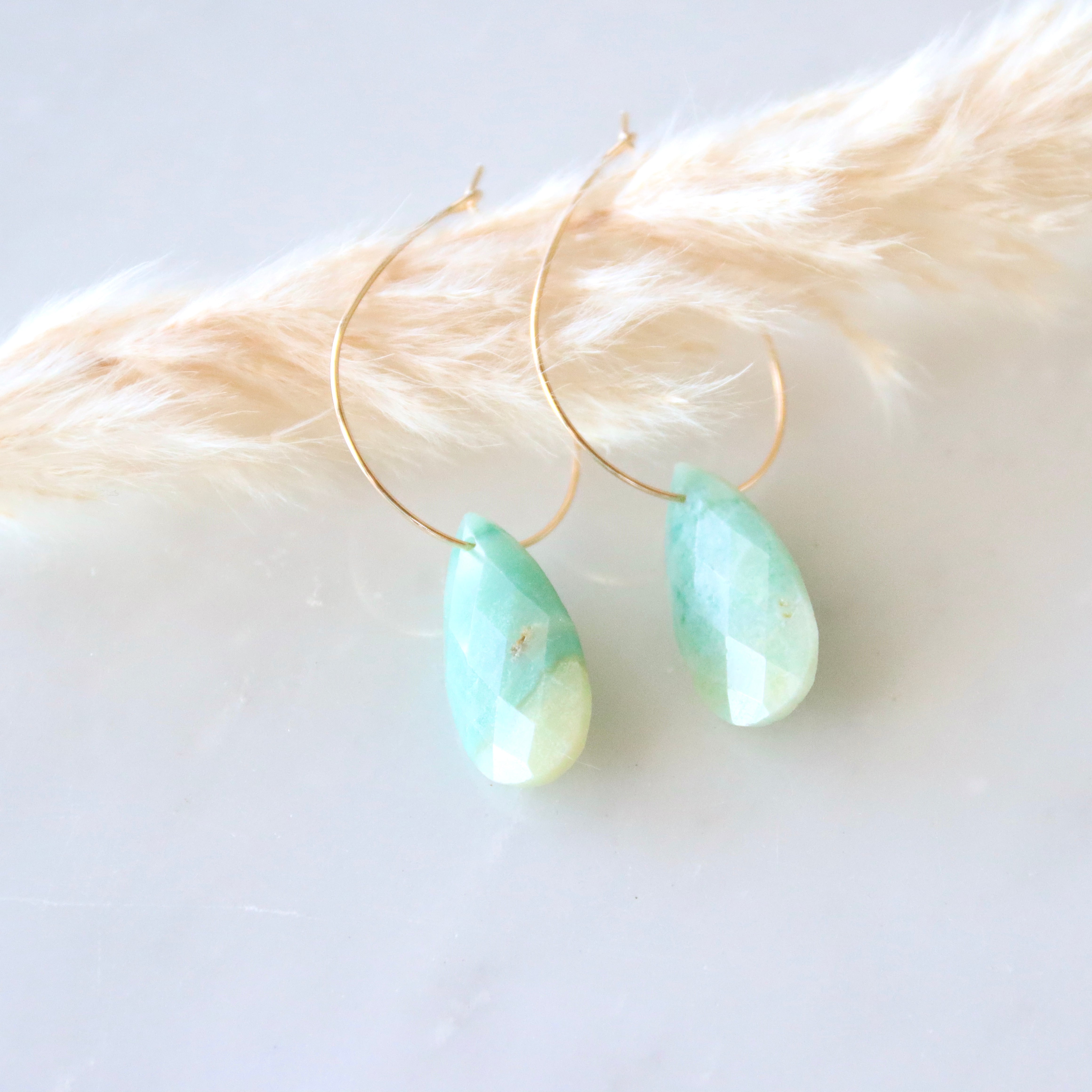 Teardrop Wire Hoop Earrings - Amazonite, Opalite, Rose Quartz, Quartz