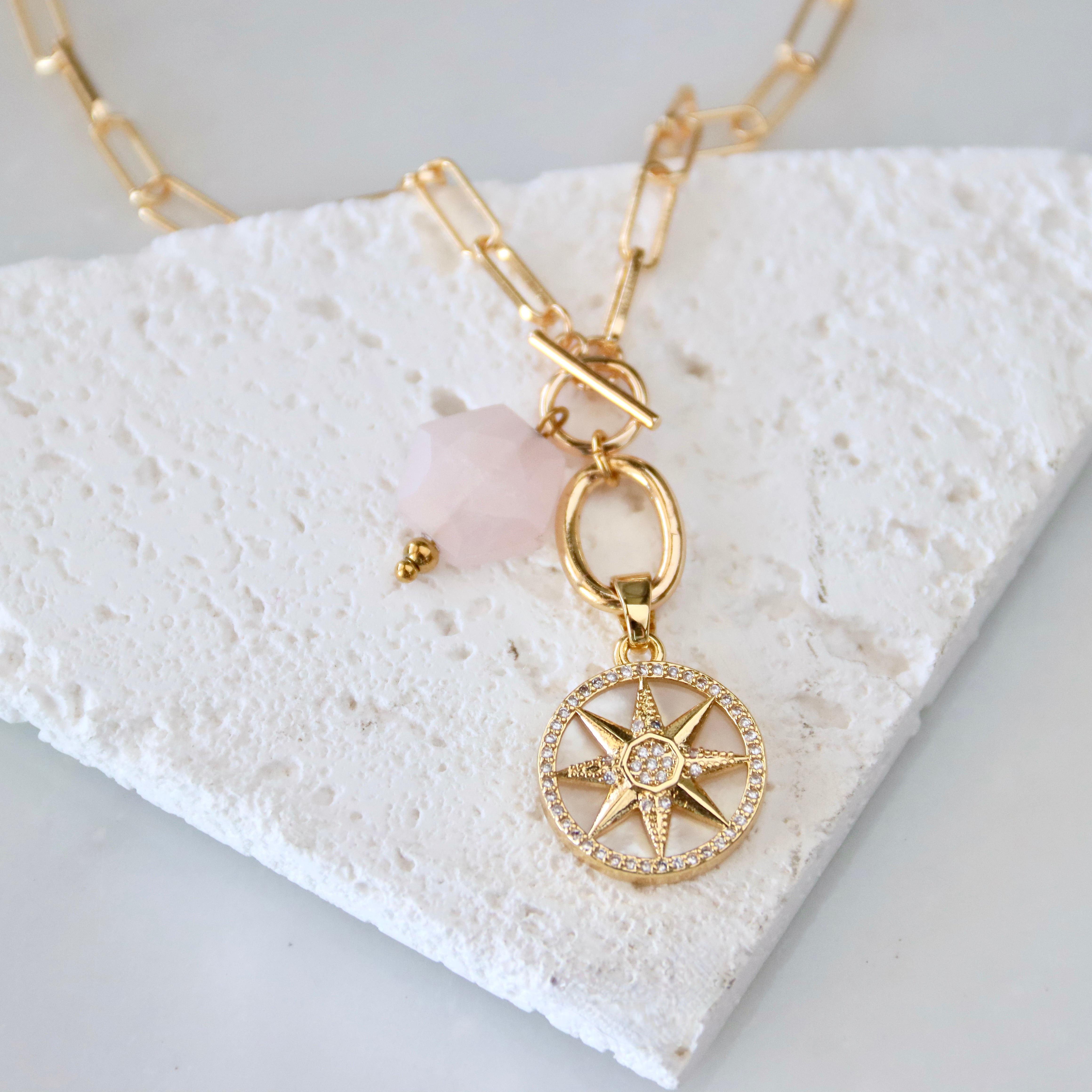 Rose Quartz Mother of Pearl Star Coin Necklace