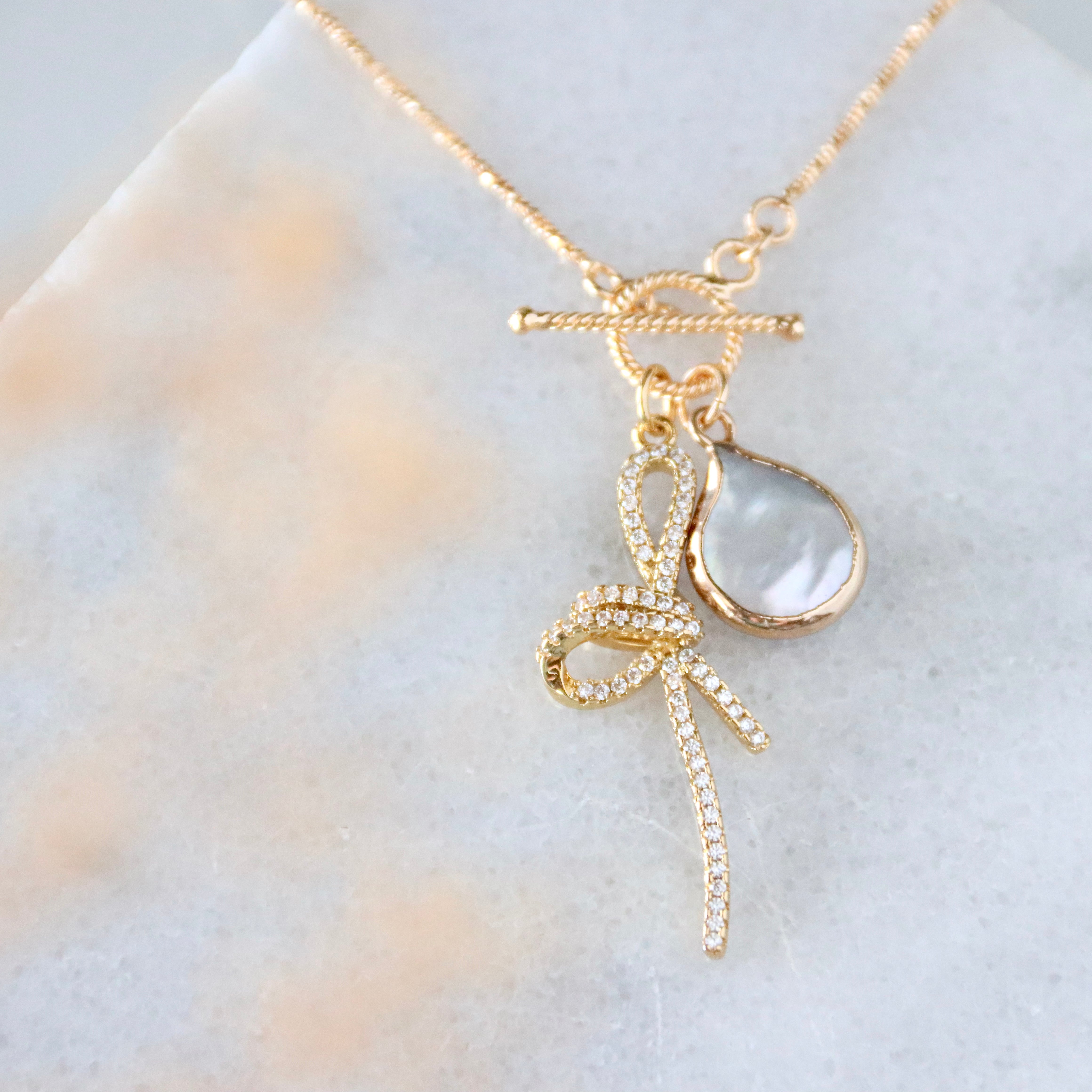 CZ Bow Pearl Coin Necklace