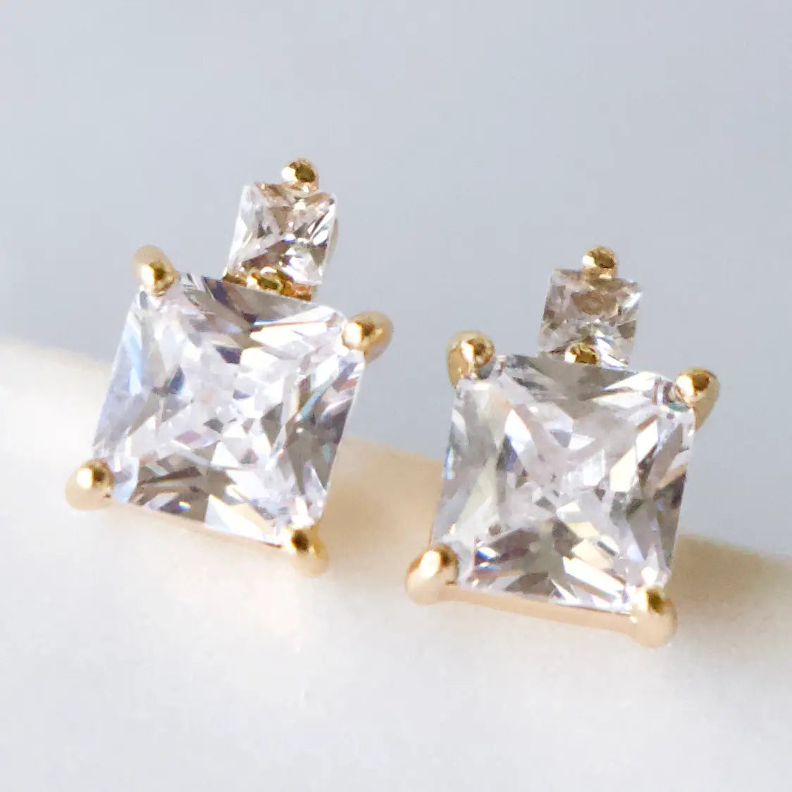 CZ Stacked Square Stud Earrings  