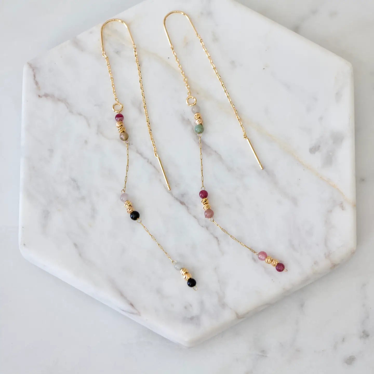 Tourmaline or Turquoise Round Beaded Threaded Earrings