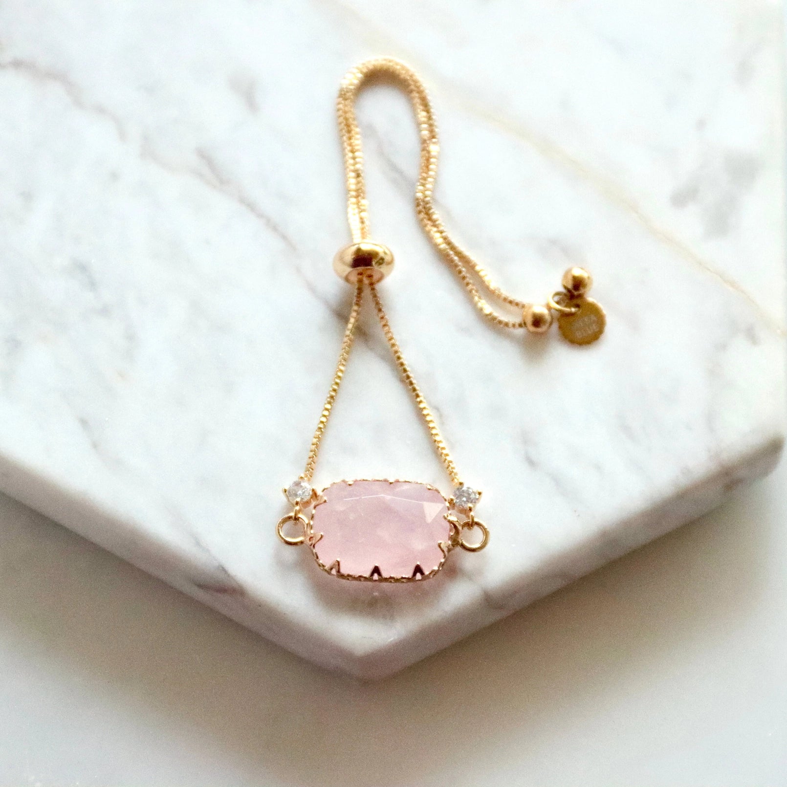 CZ Faceted Rose Quartz Adjustable Bracelet
