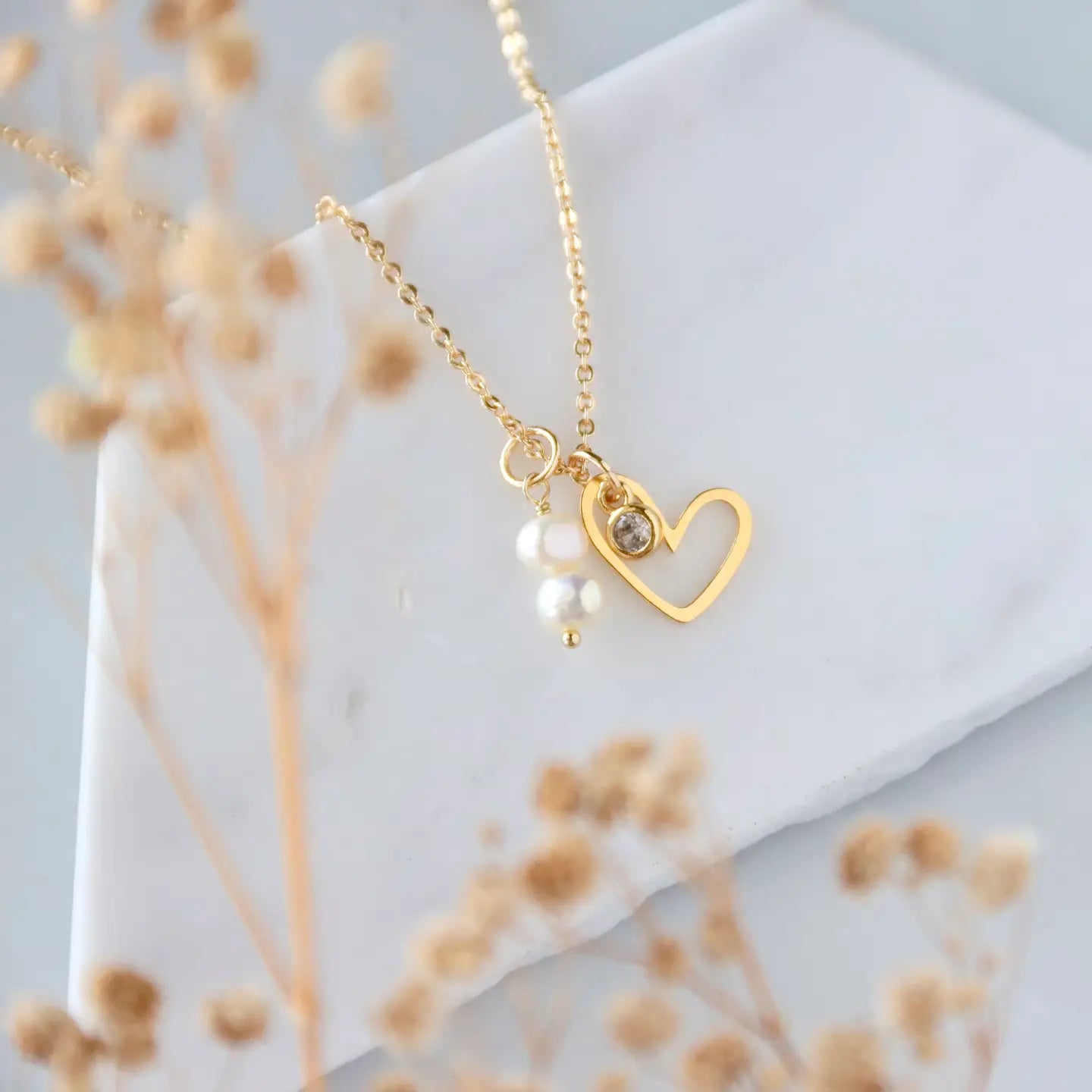 CZ, Pearl, Open Heart,  Necklace